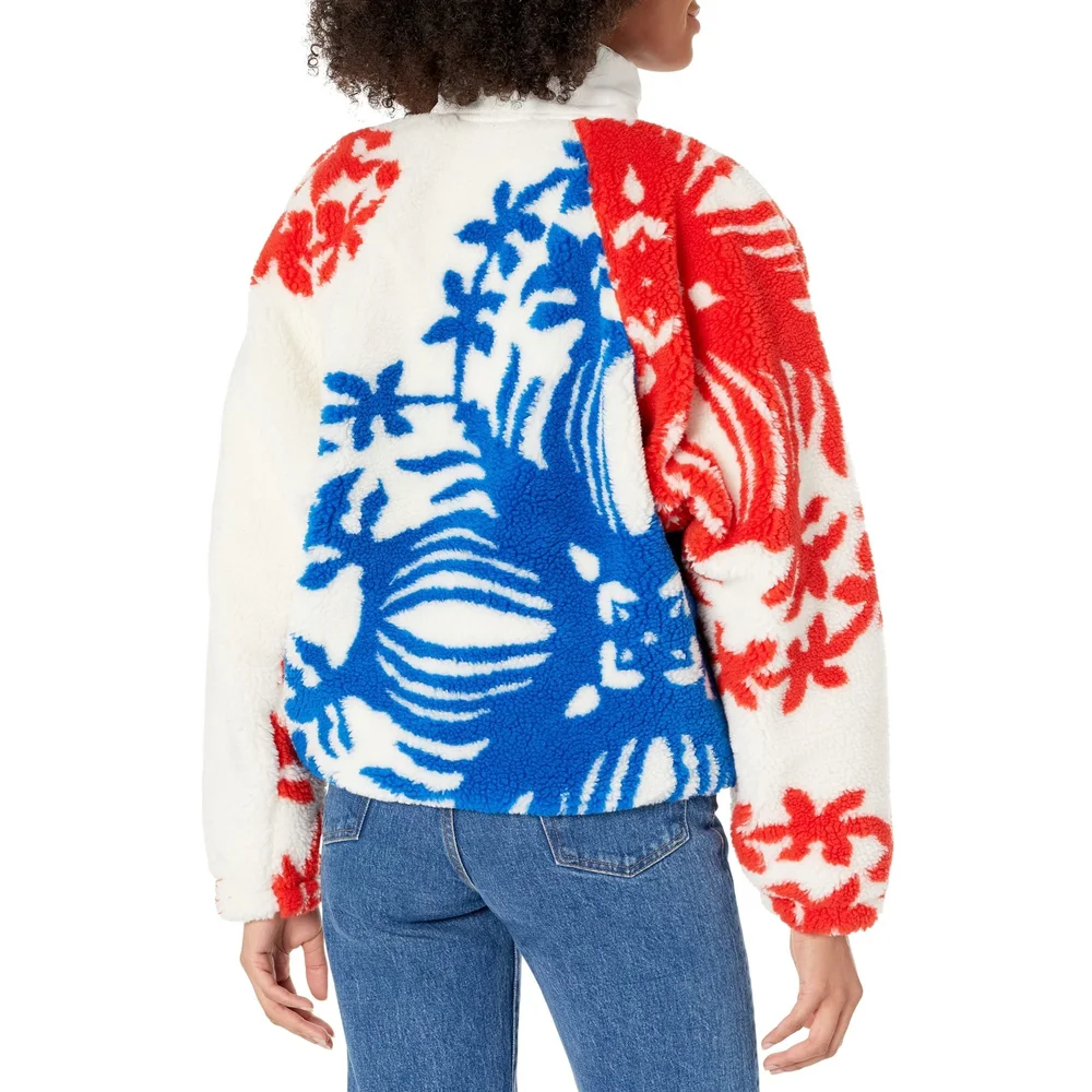 Free People Cream Sherpa Jacket with Red & Blue Floral Print - Picture 2 of 2